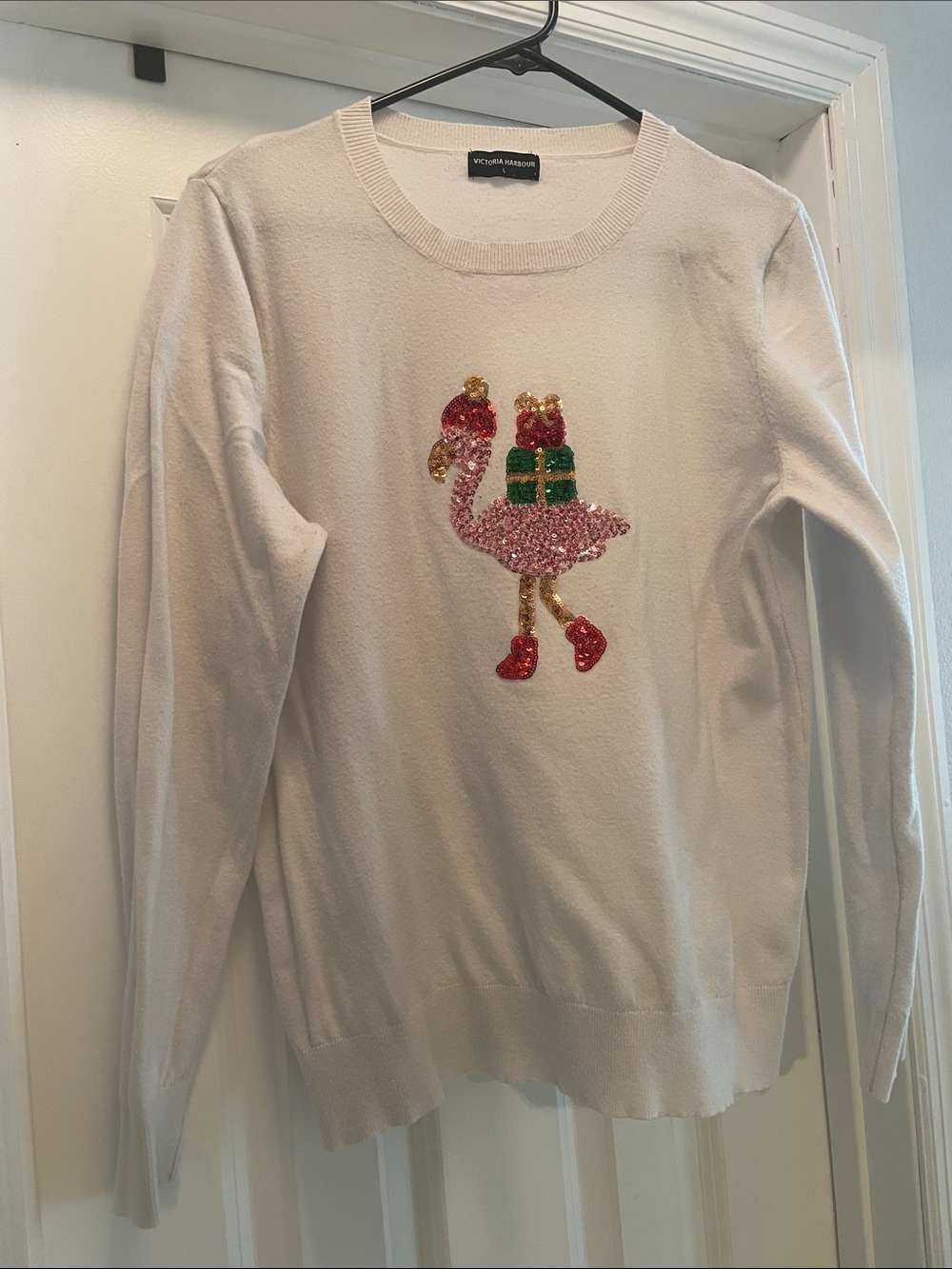 Victoria Emerson White Sequin Flamingo Crewneck Sweater